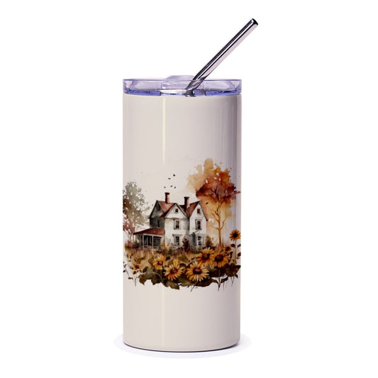 Farmhouse Tumbler, Watercolor Sunflower, Country Home Drinkware, Rustic Chic Cup, Cottagecore Gift, Fall Themed Travel Mug - Tawshia