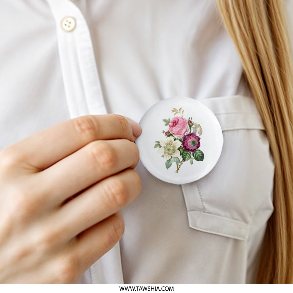 Floral Pinback Button, Vintage Flower Badge, Pink Rose Button, Botanical Art Button, Flower Bouquet Pin, Aesthetic Pinback Button - Tawshia