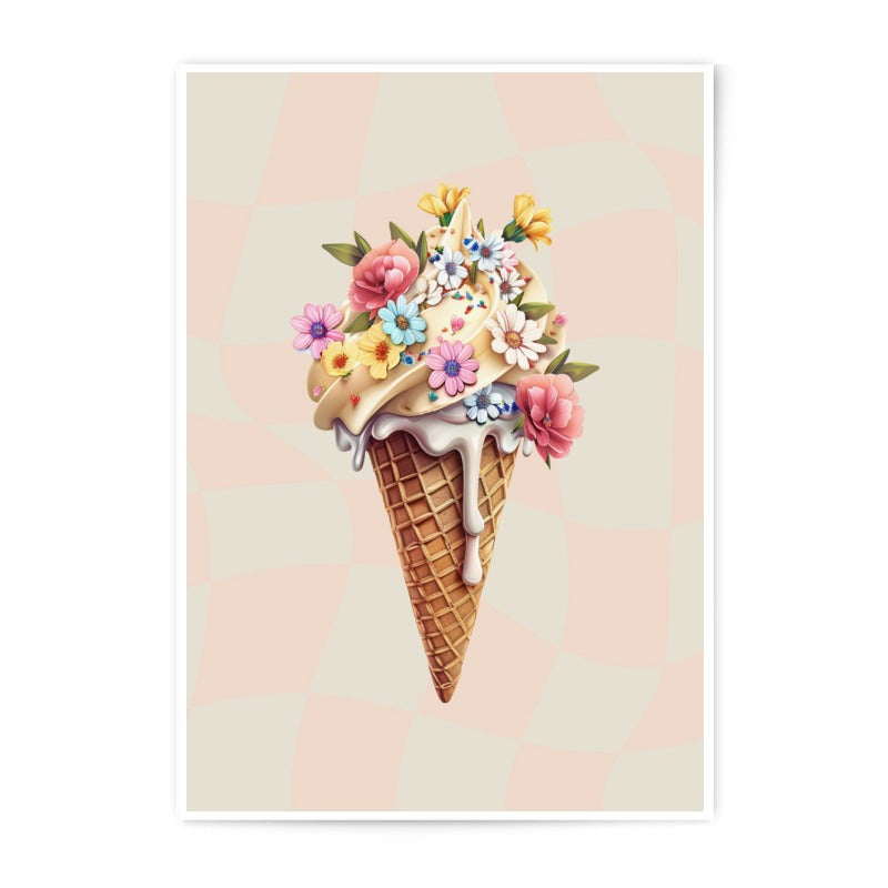 Floral Ice Cream Cone Photographic Print, Cute Dessert Art, Sweet Treat Wall Decor, Pastel Aesthetic, Foodie Gift, Unique Kitchen Art - Tawshia