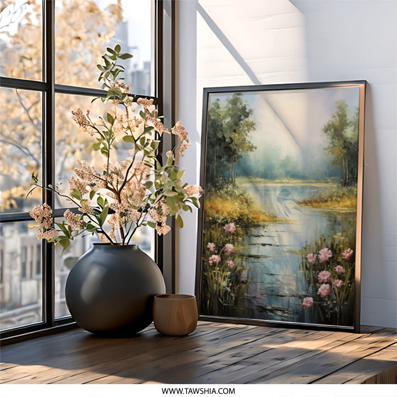 Serene Lake Wall Art, Floral Landscape Print, Tranquil Nature Scene, Peaceful Home Decor, Calming Artwork for Living Room, Gift Idea - Tawshia