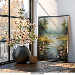 Serene Lake Wall Art, Floral Landscape Print, Tranquil Nature Scene, Peaceful Home Decor, Calming Artwork for Living Room, Gift Idea - Tawshia