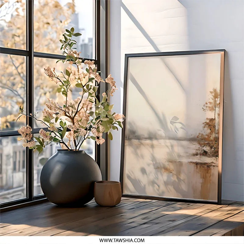 Neutral Landscape Wall Art, Abstract Lake Painting, Calming Nature Print, Modern Home Decor, Serene Water Artwork, Framed Wall Art - Tawshia