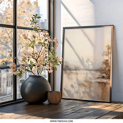 Neutral Landscape Wall Art, Abstract Lake Painting, Calming Nature Print, Modern Home Decor, Serene Water Artwork, Framed Wall Art - Tawshia