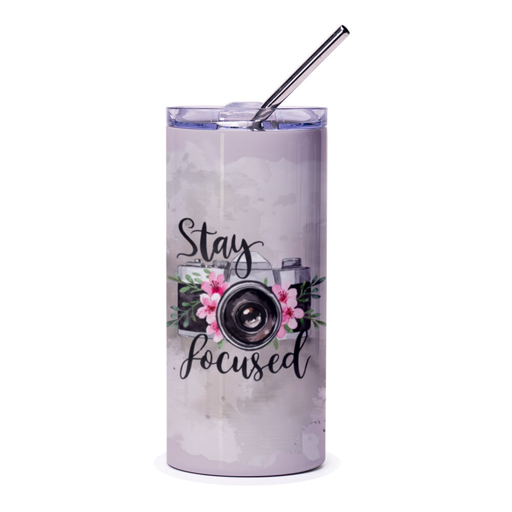 Stay Focused Camera Tumbler, Floral Camera Design, Photographer Gift, Photography Lover, Inspirational Tumbler, Tumbler for Her, Gift Ideas - Tawshia