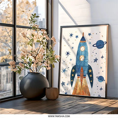 Rocket Ship Wall Art, Space Theme Print, Kids Room Decor, Nursery Art, Outer Space Art Print, Childrens Wall Art - Tawshia