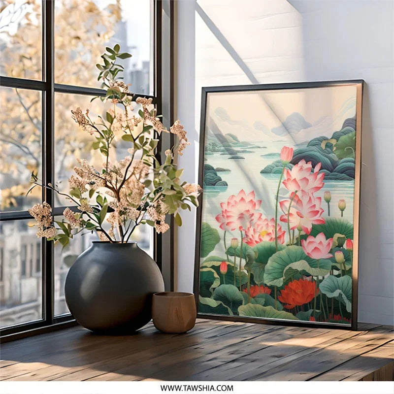 Lotus Flower Wall Art, Floral Landscape Print, Botanical Decor, Asian Inspired Artwork, Serene Nature Painting, Modern Home Decor - Tawshia