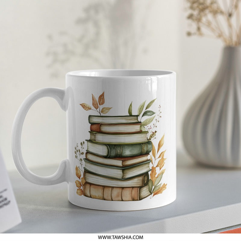 Book Lover Mug, Stack of Books with Leaves, Literary Gift, Autumn Books Mug, Cozy Reading Mug, Bookish Gift, Tea Mug, Coffee Mug - Tawshia
