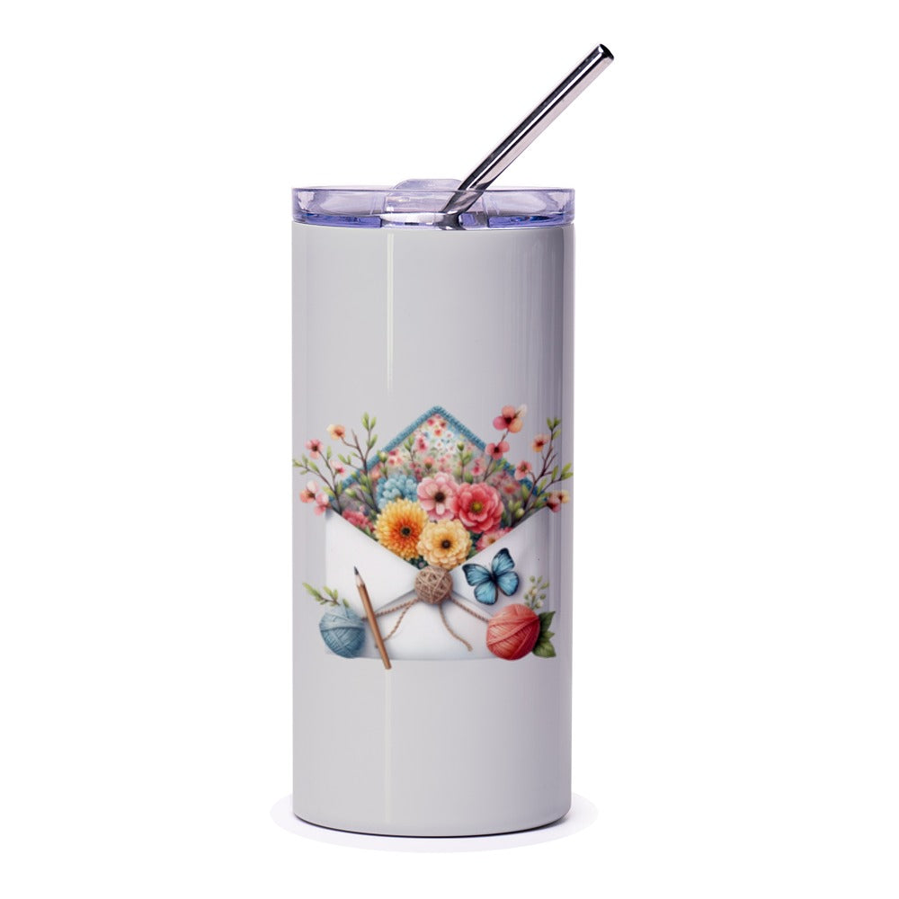 Floral Envelope Tumbler, Watercolor Flowers Tumbler, Knitting Yarn Butterfly Tumbler, Unique Tumbler Gift, Artistic Tumbler, Custom Tumbler - Tawshia