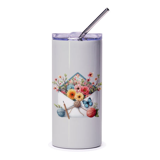 Floral Envelope Tumbler, Watercolor Flowers Tumbler, Knitting Yarn Butterfly Tumbler, Unique Tumbler Gift, Artistic Tumbler, Custom Tumbler - Tawshia