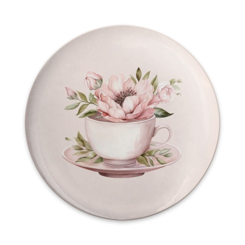 Pink Floral Teacup Pinback Button, Watercolor Flower Pin, Tea Cup Button, Flower Lover Gift, Cute Badge, Botanical Pin, Aesthetic Button - Tawshia