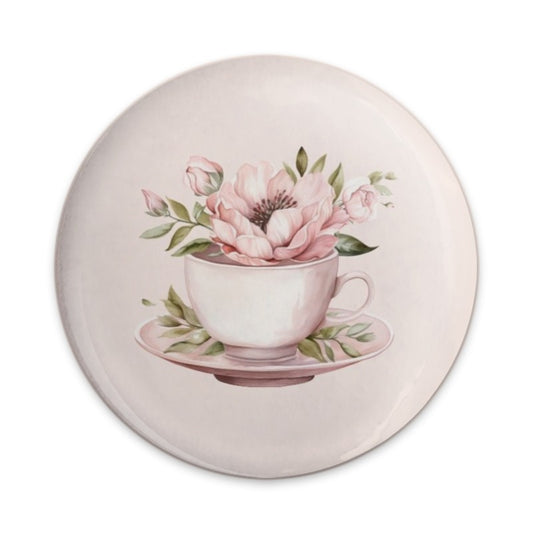 Pink Floral Teacup Pinback Button, Watercolor Flower Pin, Tea Cup Button, Flower Lover Gift, Cute Badge, Botanical Pin, Aesthetic Button - Tawshia