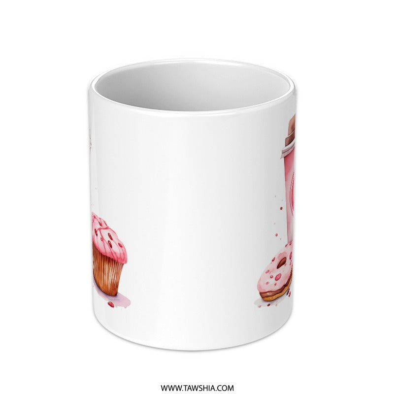 Pink Treats Mug, Watercolor Coffee Mug, Cupcake Donut, Heart Mug, Gift for Baker, Foodie Mug, Coffee Lover Gift, Cute Mug for Her - Tawshia