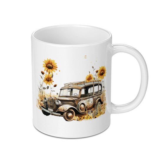 Vintage Car Mug, Sunflower Truck Gift, Retro Vehicle Coffee Mug, Farmhouse Decor, Classic Car Lover Gift, Rustic Style Cup - Tawshia