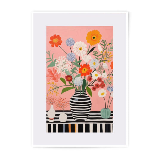 Floral Still Life Photographic Print, Colorful Flowers, Striped Vase Art, Modern Home Decor, Botanical Wall Art, Flower Bouquet Print - Tawshia