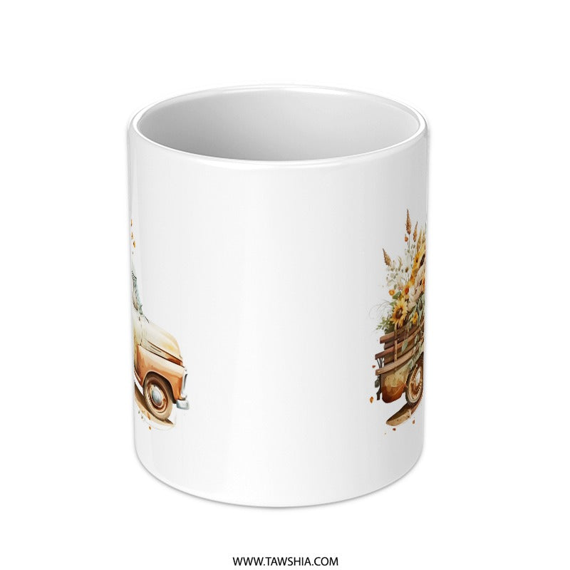 Floral Truck Mug, Sunflower Mug, Vintage Truck Mug, Fall Mug, Autumn Mug, Farmhouse Mug, Flower Mug, Gift for Her, Coffee Mug (138) - Tawshia