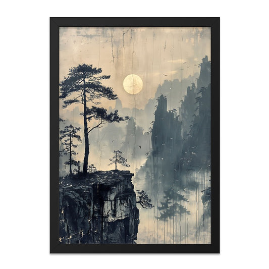 Misty Mountains Wall Art, Asian Landscape Print, Golden Moon, Cliffside Trees, Scenic Wall Decor, Nature Home Art, Serene View - Tawshia