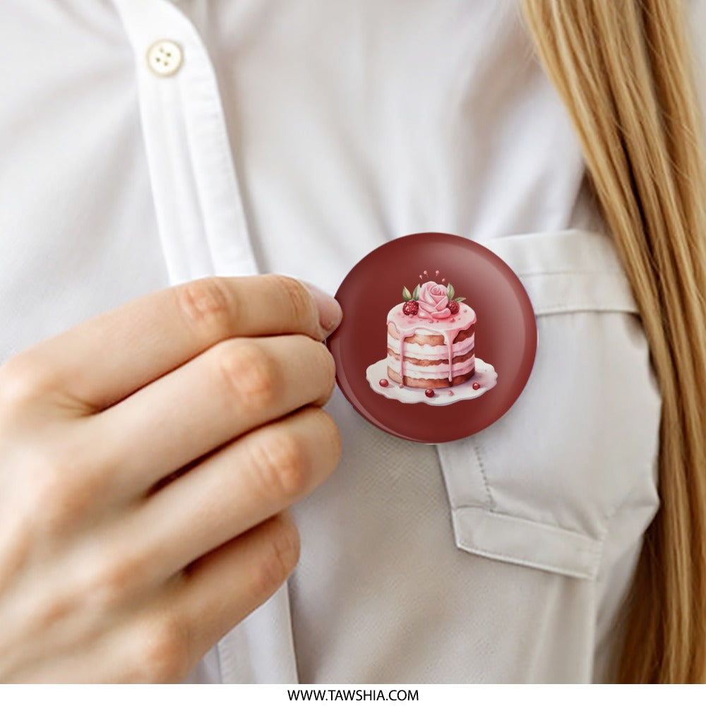 Pink Cake Pinback Button, Rose Cake Button, Dessert Button, Cute Food Pin, Baker Gift, Sweet Treat Button, Whimsical Style Pinback Button - Tawshia