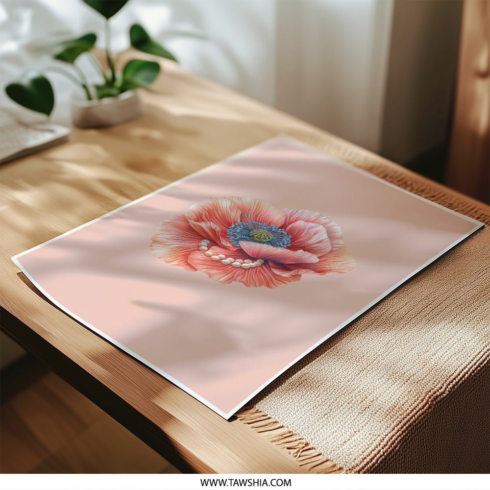 Poppy Flower Photographic Print, Floral Wall Art, Elegant Home Decor, Botanical Print, Pearl Adorned Flower, Peach Print, Chic Art Print - Tawshia