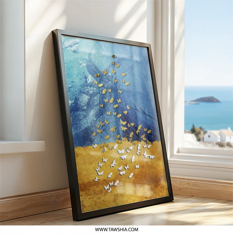 Butterfly Wall Art, Gold and Blue Decor, Abstract Butterfly Print, Nature Wall Hanging, Modern Art Print, Framed Wall Decor, Home Decor - Tawshia