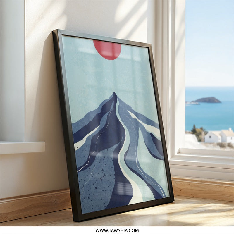 Abstract Mountain Wall Art, Red Sun Print, Minimalist Landscape Poster, Modern Art Home Decor, Nature Inspired Artwork - Tawshia