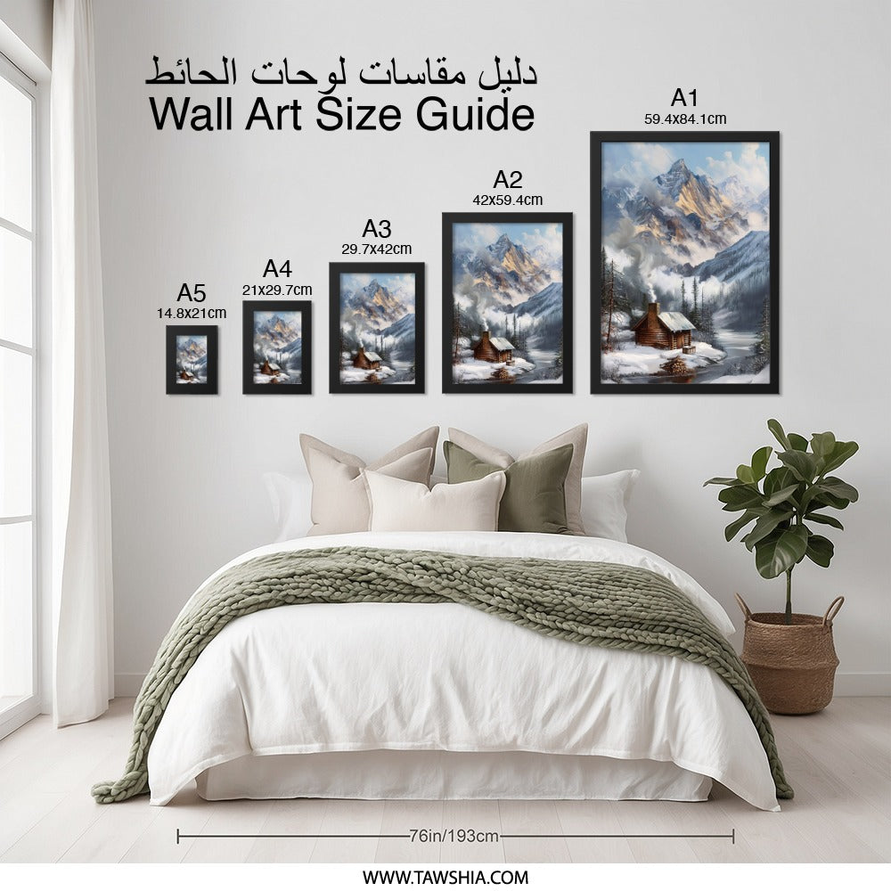 Winter Cabin Wall Art, Mountain Landscape Painting, Snowy Lodge Print, Rustic Home Decor, Winter Wonderland Art - Tawshia