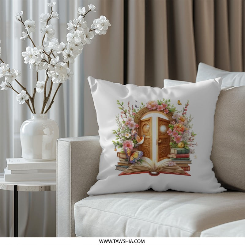 Floral Doorway Pillow, Book and Flowers Decor, Spring Theme Cushion, Decorative Pillow, Reading Nook Pillow, Whimsical Pillow - Tawshia