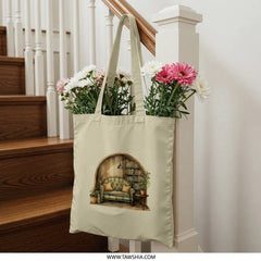 Cozy Book Nook Tote Bag, Watercolor Couch and Bookshelf, Relaxing Scene Carryall, Book Lover Gift, Literary Theme Bag, Everyday Tote - Tawshia
