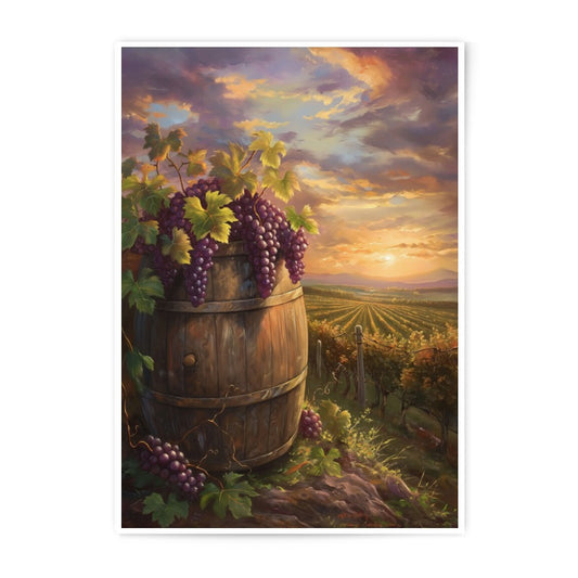 Vineyard Photographic Print, Wine Country Art, Sunset Landscape, Barrel and Grapes Wall Art, Rustic Kitchen Decor, Vineyard Scenery Print - Tawshia