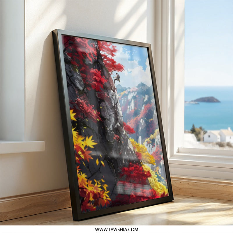 Rock Climbing Wall Art, Mountain Adventure Print, Fall Foliage Climber Decor, Anime Style Landscape, Sport Art Print, Home Decor, Gift - Tawshia