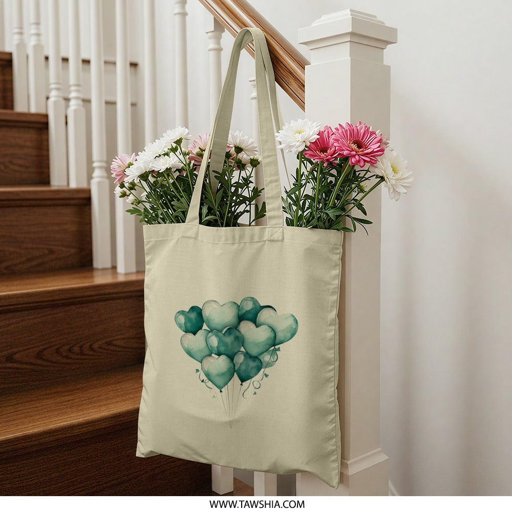 Heart Balloons Tote Bag, Teal Love Hearts, Valentine's Day Gift, Everyday Bag, Cute Design, Stylish Tote, Market Bag, Gift For Her - Tawshia