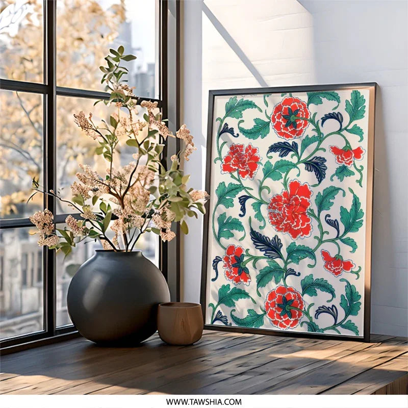 Red Peony Flower Wall Art, Floral Pattern Print, Botanical Home Decor, Antique Inspired Wall Decor, Living Room Art, Elegant Artwork - Tawshia