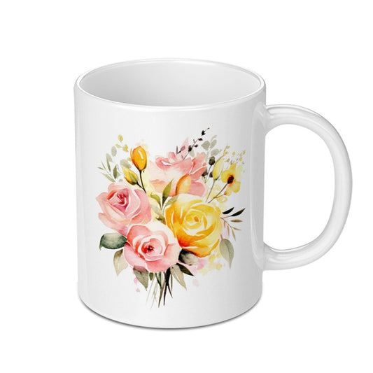 Floral Mug, Watercolor Roses, Flower Mug, Gift for Her, Cute Coffee Mug, Tea Mug, Aesthetic Mug, Floral Lover Gift, Pink Yellow Rose Mug - Tawshia