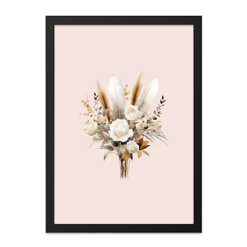 Rose Bouquet Wall Art, Feather Arrangement Print, Neutral Tone Floral Home Decor, Boho Style Artwork, Minimalist Gift Idea, Framed Art - Tawshia