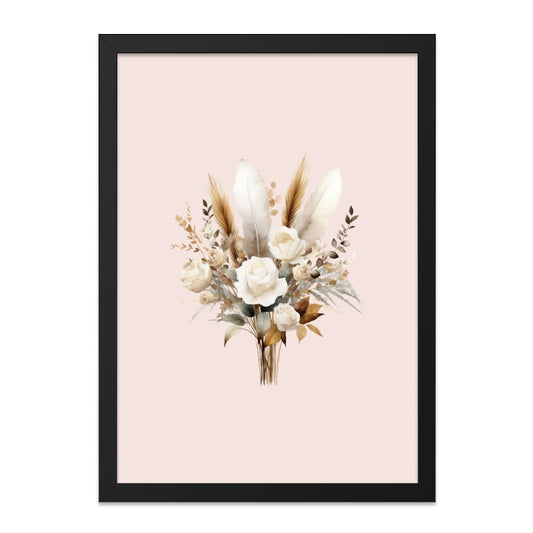 Rose Bouquet Wall Art, Feather Arrangement Print, Neutral Tone Floral Home Decor, Boho Style Artwork, Minimalist Gift Idea, Framed Art - Tawshia