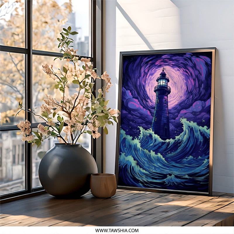 Lighthouse Wall Art, Ocean Wave Print, Purple Sky Decor, Coastal Art Print, Nautical Wall Decor, Stormy Sea Art, Dramatic Art - Tawshia