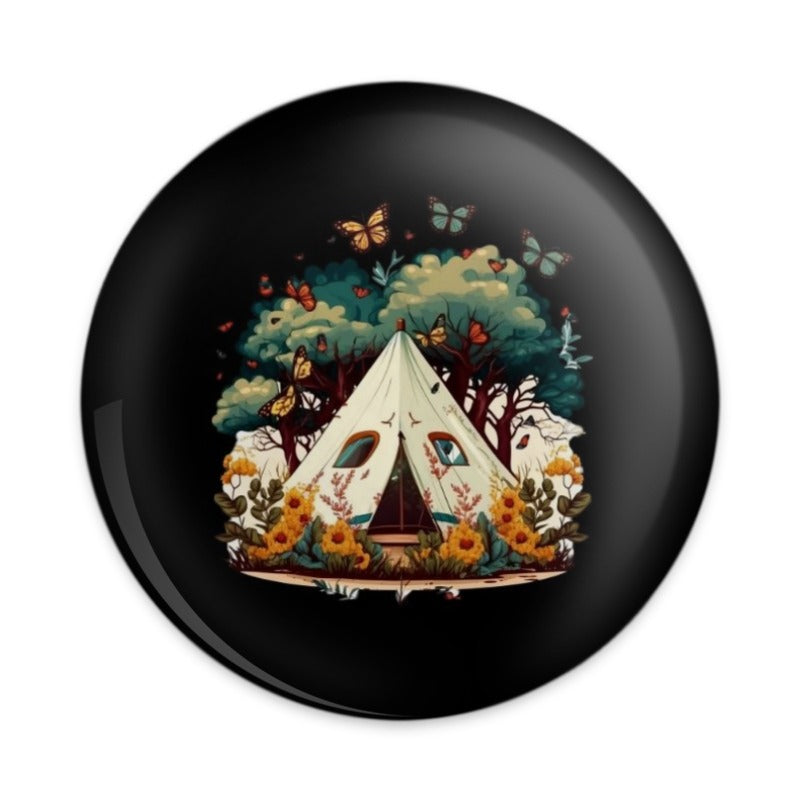 Camping Adventure Pinback Button, Tent in Nature, Butterfly Art Badge, Floral Camping Scene Button, Outdoor Lover Gift, Cute Backpack Pin - Tawshia