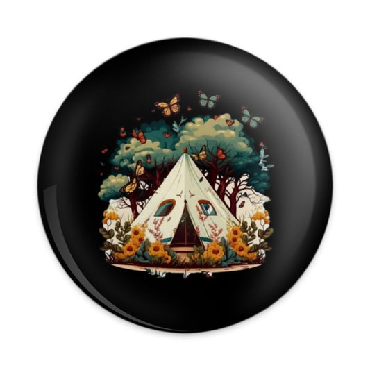Camping Adventure Pinback Button, Tent in Nature, Butterfly Art Badge, Floral Camping Scene Button, Outdoor Lover Gift, Cute Backpack Pin - Tawshia