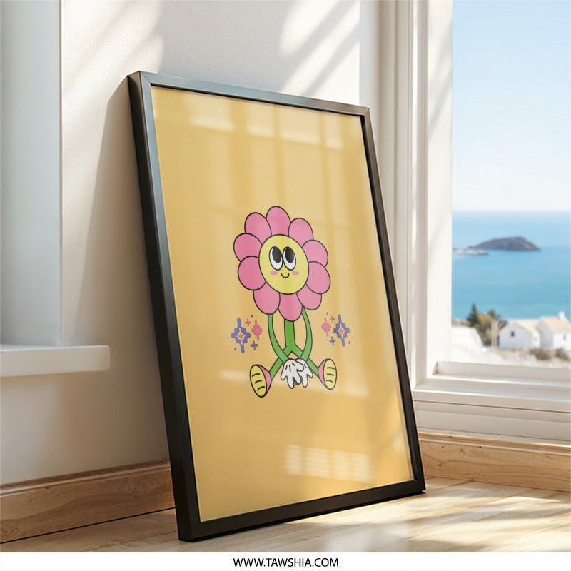 Groovy Flower Wall Art, Retro Cartoon Art Print, Cute Flower Power Decor, Y2K Aesthetic Room Decor, Funky Trendy Wall Decor - Tawshia