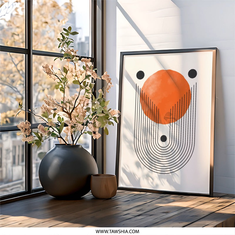 Mid Century Modern Wall Art, Abstract Sun Print, Geometric Poster, Minimalist Art Decor, Orange Circle Wall Decor, Home Art Decor - Tawshia