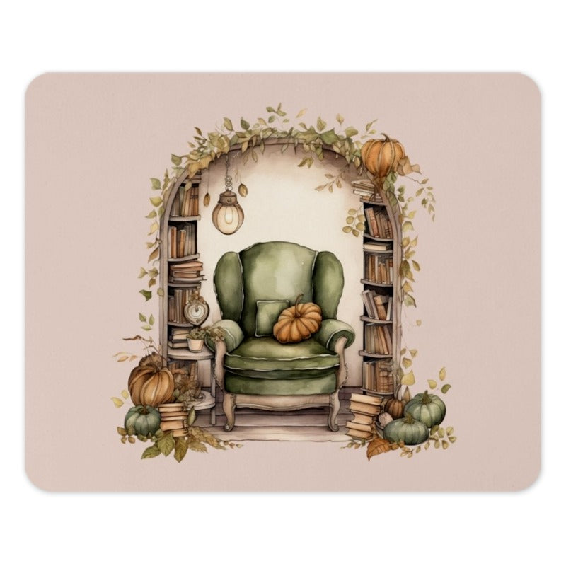Cozy Reading Nook Mouse Pad, Autumnal Armchair Decor, Book Lover Gift, Fall Pumpkin Vibes, Home Library Desk Accessory - Tawshia