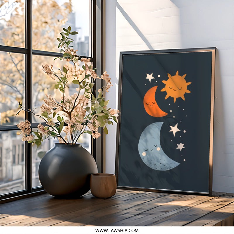Celestial Wall Art, Moon and Sun Print, Nursery Decor, Star Wall Hanging, Kids Room Art, Baby Shower Gift, Cute Sleeping Faces - Tawshia