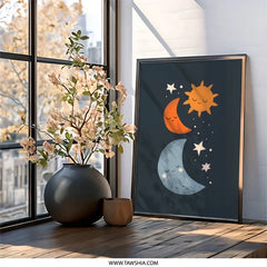 Celestial Wall Art, Moon and Sun Print, Nursery Decor, Star Wall Hanging, Kids Room Art, Baby Shower Gift, Cute Sleeping Faces - Tawshia