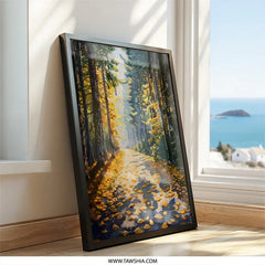 Autumn Forest Path Wall Art, Golden Leaves Painting, Nature Scenery Print, Fall Landscape Decor, Trees Artwork, Home Decor - Tawshia