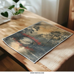 Japanese Bridge Photographic Print, Red Bridge Art Print, Zen Landscape Wall Art, Forest Photography, Oriental Decor - Tawshia