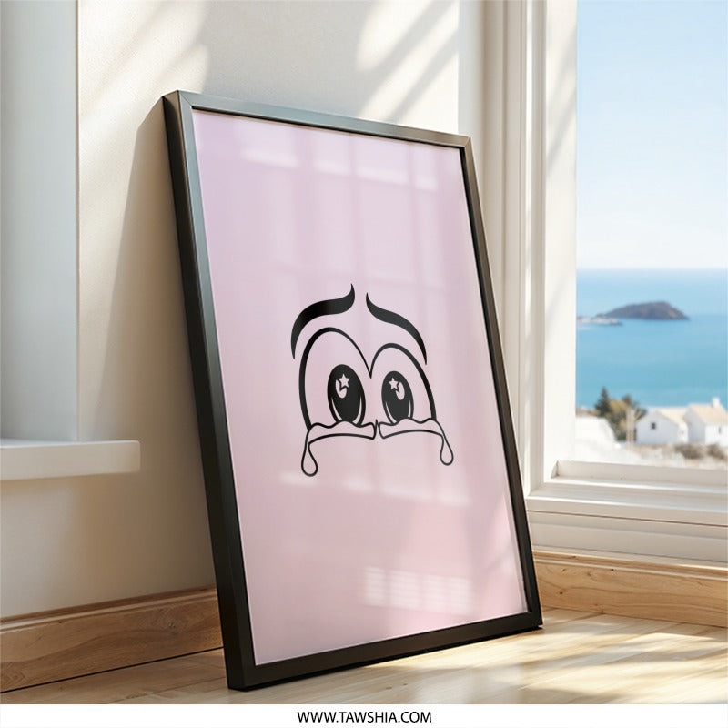 Crying Eyes Wall Art, Cartoon Tears Print, Emotional Expression Decor, Cute Pink Wall Decor, Starry Eyed Wall Art, Unique Wall Hanging - Tawshia