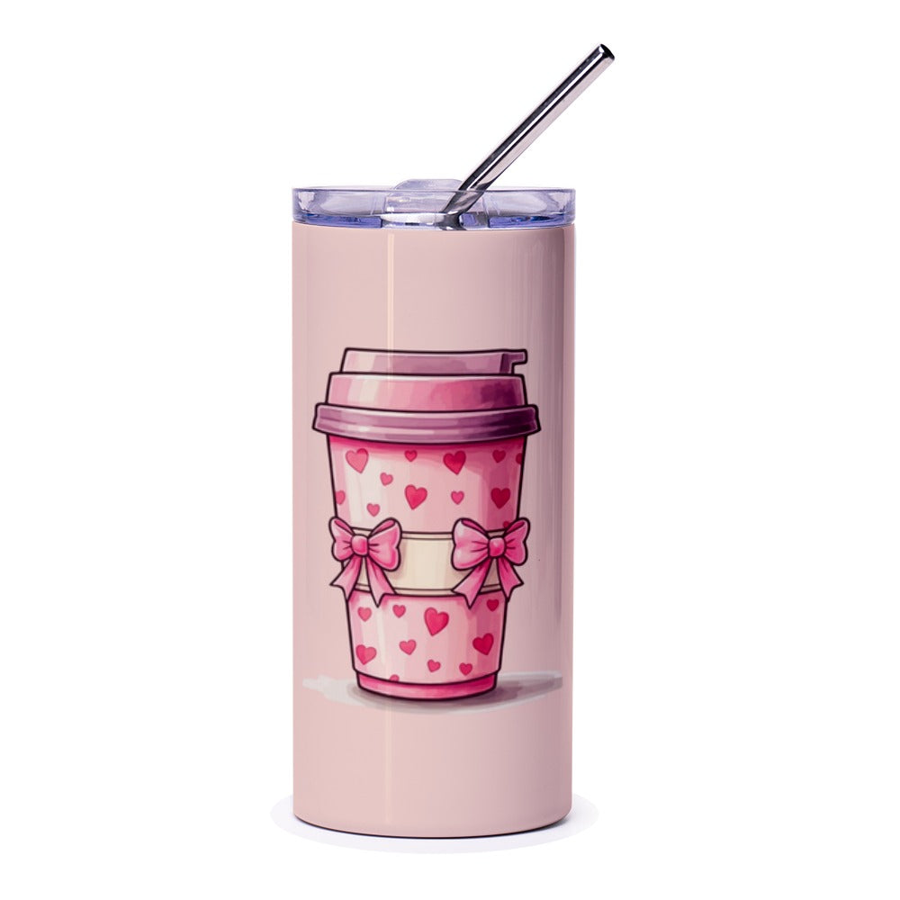 Pink Coffee Hearts Tumbler, Cute Bows Valentine Tumbler, Gift for Her, Kawaii Tumbler, Iced Coffee, Drinkware, Gift for Valentine's Day - Tawshia