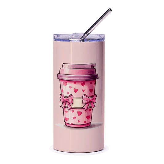 Pink Coffee Hearts Tumbler, Cute Bows Valentine Tumbler, Gift for Her, Kawaii Tumbler, Iced Coffee, Drinkware, Gift for Valentine's Day - Tawshia