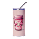 Pink Coffee Hearts Tumbler, Cute Bows Valentine Tumbler, Gift for Her, Kawaii Tumbler, Iced Coffee, Drinkware, Gift for Valentine's Day - Tawshia