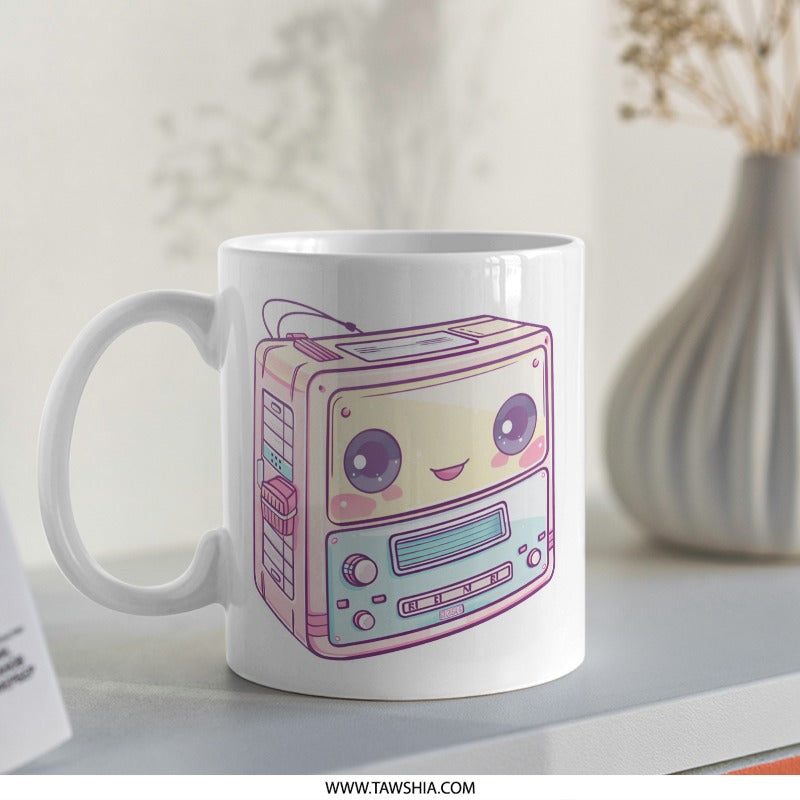 Kawaii Cassette Player Mug, Cute Retro 80s Mug, Pastel Aesthetic Mug, Unique Coffee Mug, Gift for Music Lover, Trendy Mug (138) - Tawshia