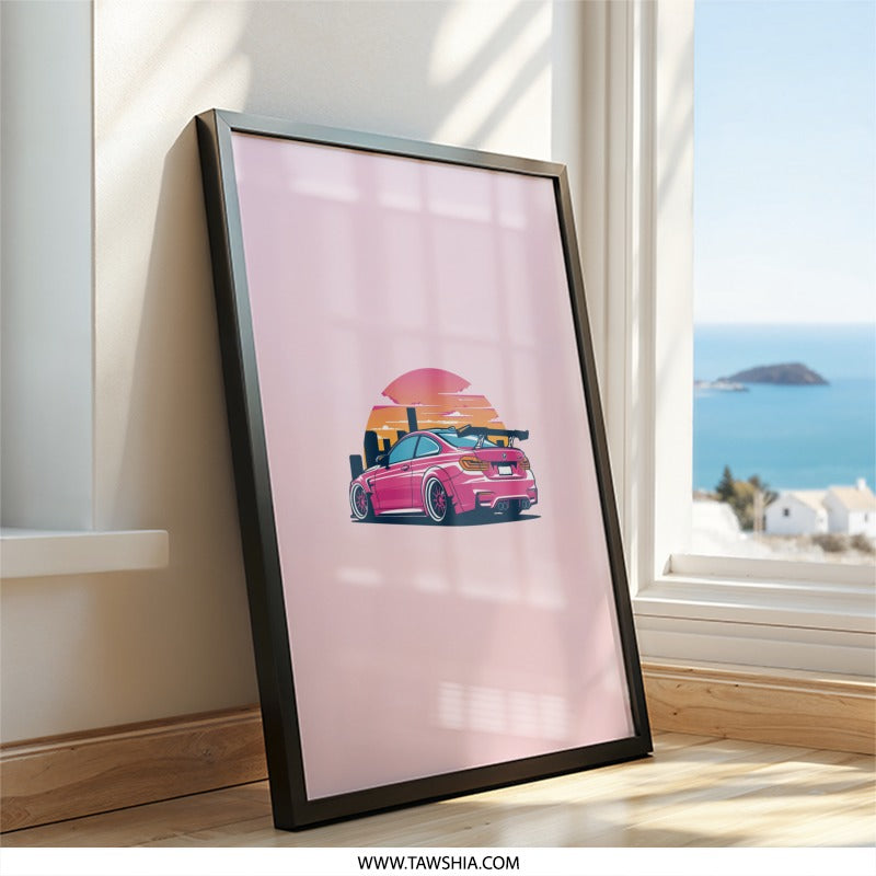 Pink BMW M4 Wall Art, Car Poster Print, Automotive Art, Sunset Cityscape, Modern Wall Decor, Racing Car Art, Gift for Car Enthusiasts - Tawshia